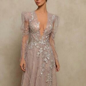 Tarik Ediz Sheer Floral Embroidered Gown; Originally Size 12; Fits to Size 6